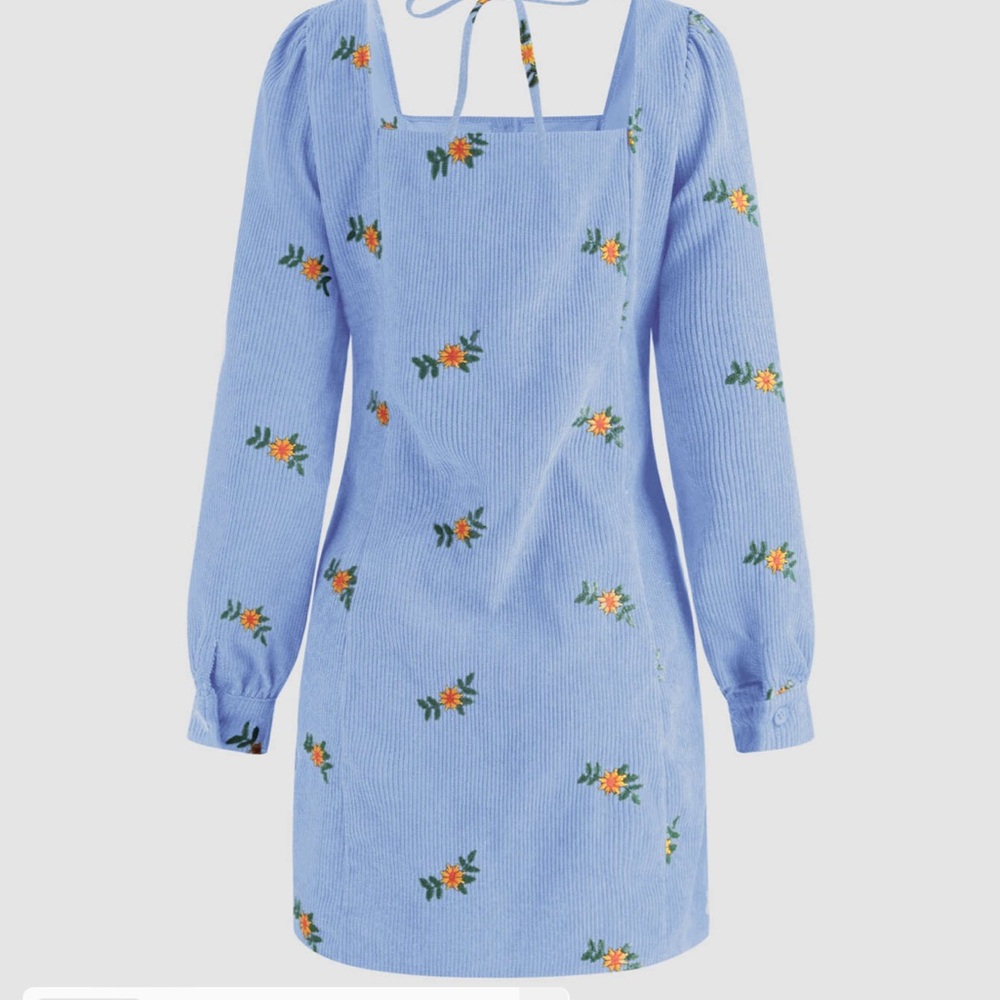 FLORAL PRINT CORDUROY MINI long sleeve, babydoll baby blue